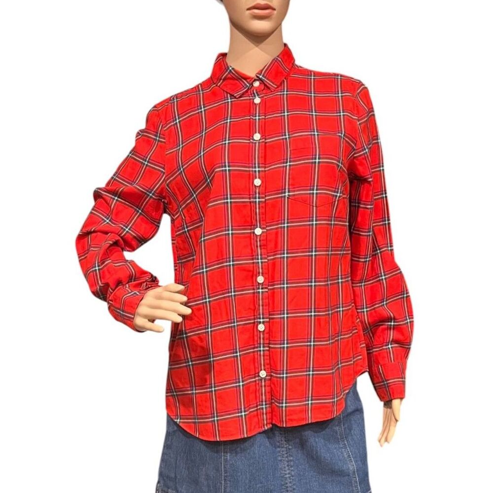 J CREW G7627 Boy Fit Red Plaid Women's Flannel Top Shirt Cotton Sz M